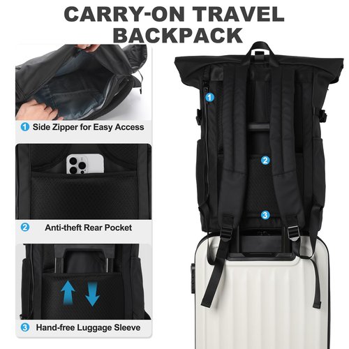 VASCHY Rolltop Travel Backpack for Men, Water Resistant Expandable Large Carry-on Casual Daypack for Work Business Hiking College Black
