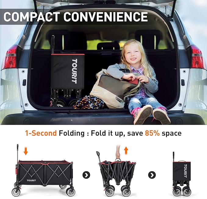 TOURIT 260L Collapsible Foldable Wagon with 330lbs Weight Capacity, Heavy Duty Folding Utility Garden Cart, Beach Wagon with Big All-Terrain Wheels & Drink Holders, Black