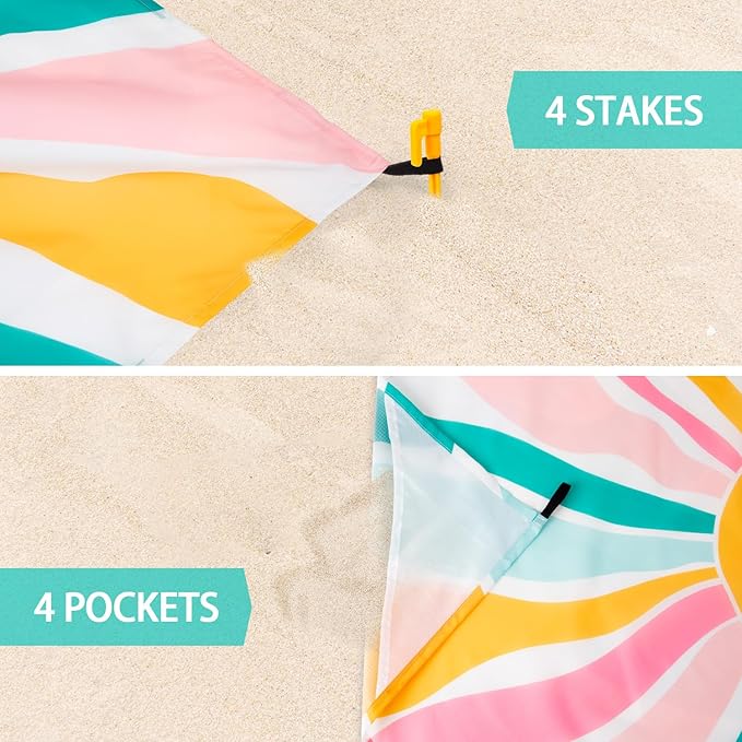 Beach Blanket Waterproof Sandproof, Large Picnic Blankets with Stakes and Storage Bag, Lightweight Quick Drying, Compact Beach Mat Vacation Essentials for Outdoors, Camping, Trips-Spring Sunshine