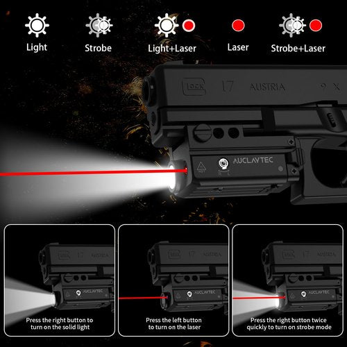 AUCLAYTEC 450 Lumen Pistol Flashlight Red Beam Laser Light Combo Gun Light, Compact Pistol Laser Flashlight Combo USB-C Rechargeable Tactical Flashlight for GL or Picatinny Rail