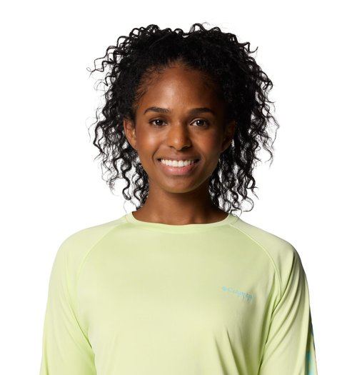 Columbia Womens PFG Tidal Tee II Long Sleeve Sun Protection Shirt, Spring Yellow/Gulf Stream Logo, Medium