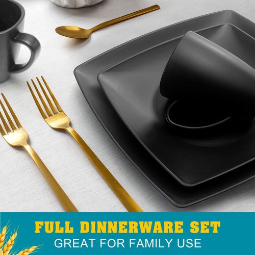 Teivio 16-piece Plastic Wheat Straw Square Dinnerware Set for 4, Unbreakable Dinner Plates, Salad Plates, Snack Bowls, Mugs, Dishwasher Safe, Black