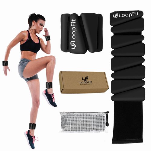 LOOPFIT Ankle & Wrist Weights Set, 2 x 1lb Black Silicone & Stainless Steel, Adjustable Modern Design, Perfect for Pilates, Yoga, Home Workouts & More