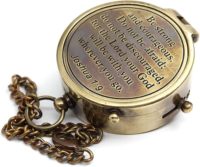 Be Strong and Courageous Do Not Be AfraidAntique Nautical Vintage Directional Magnetic Compass with Famous Scripture Quote Engraved Baptism Gifts with Wooden Case for Loved Ones, Son, Father, Love,