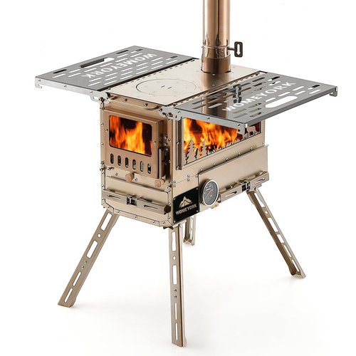 WomeYork Multi-Fuel Camp Stove with Baking Oven & Steel Chimney Pipe – Portable Tent Stove for Outdoor Shelter Heating, Cooking, and Wilderness Survival(Golden)