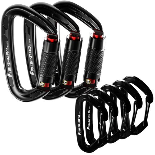 FresKaro 3pcs 25KN Climbing Carabiners with 5pcs Small Size Wiregate Carabiners for Keychain, Backpack, Hiking, Camping etc., Black Color