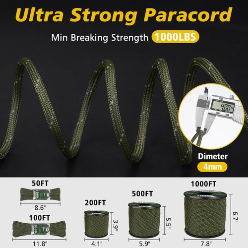 X XBEN Paracord Reflective 1000lb, 50/100/200/500/1000ft 4mm, 13 Strand Parachute Spool Cord, Heavy Duty Paracord Rope for Camping, Fishing, Hiking, Hunting, DIY Crafts, Black