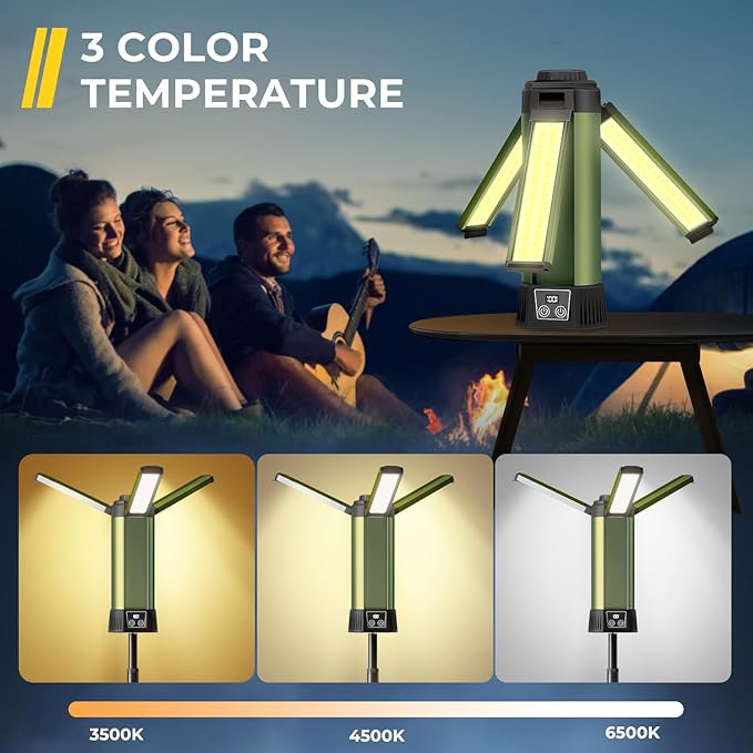 Rechargeable Camping Light with Stand, Outdoor LED Cordless Work Light, Portable Telescopic Bracket, 6AH Battery 500/1000/2000 Lumen, 3500K/4500K/6500K, Construction Lights (Large)