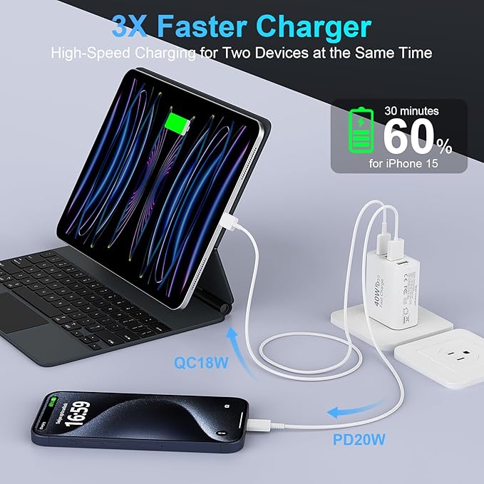 40W USB C Wall Charger Block,4 Port Type C Charger Fast Charging Brick Dual Pd & QC Fast Charger Cube Wall Plug Power Adapter for iPhone 15/14/13/12/11/Pro Max/XS/XR,iPad,Samsung,Pixel,White