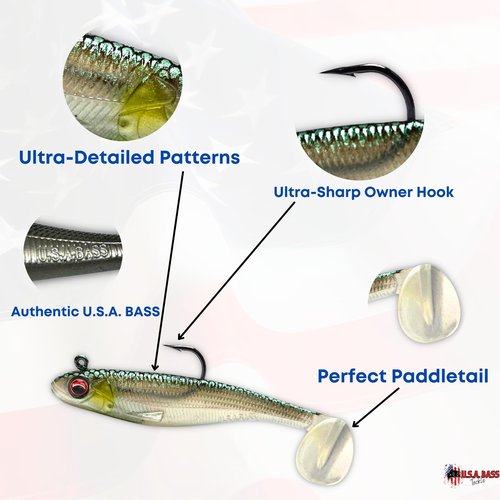 USA Bass Tackle Patriot Shad - Scent Infused Paddle Tail Swimbaits Pre Rigged Fishing Lures Premium Bait with Strong Owner Hook, Fishing Gear for Freshwater Bass Crappie Trout - Bone Glow