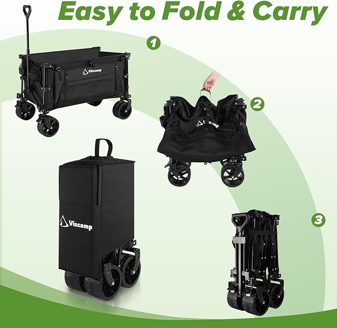 300L Utility Wagon, 440lbs Wagons Carts Foldable Capacity Beach and Garden Cart with Big Wheels for Sand, Elastic Rope for Groceries, Moving, Camping - Black