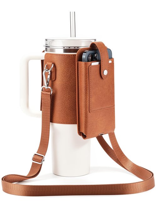 molshine Water Bottle Carrier Bag Holder with Phone Pocket Adjustable Strap for Stanley 30 40oz, Insulated PU Leather Cover Sleeve Sling Crossbody Bag for Walking Camping Hiking Travelling (Brown)