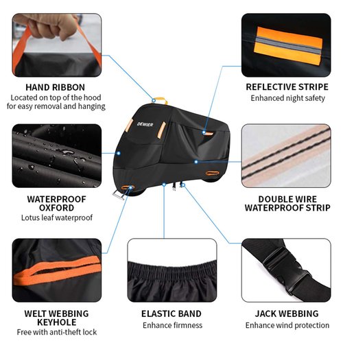 DEWIER Motorcycle Cover Waterproof Outdoor, 420D Heavy Duty, XL90.5in, All Season Protection, Windproof Clasps, Storage Bag, Night Reflective Design, Fits Motorcycles, 1-2 Bikes Ebikes