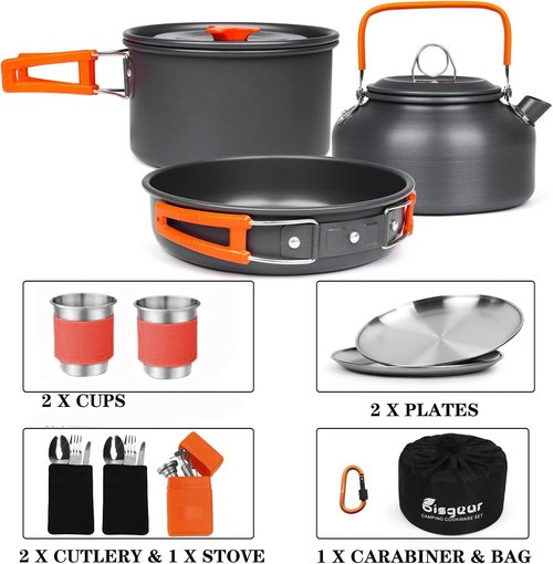 Bisgear Camping Cookware Kettle Backpacking Stove Mess Kit, Camping Pots and Pans Set with Cups Plates Utensils, Camping Kitchen Accessories Cooking Set Survival Gear