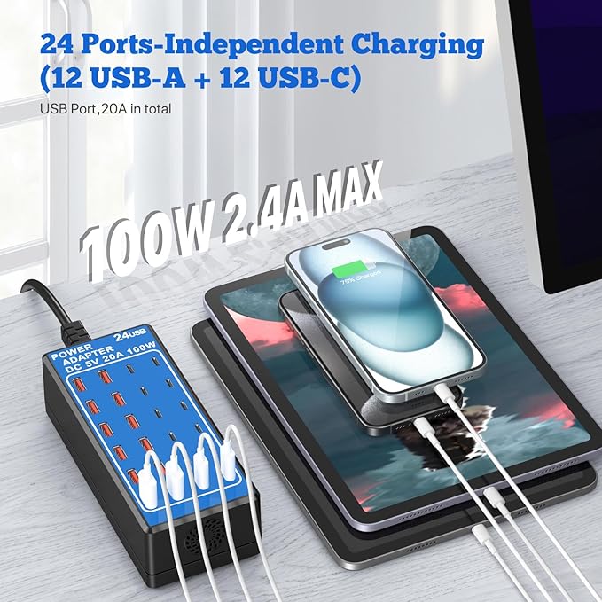 USB C Charger Block, Multi Charging Station, 100W (20A) 24 Port USBC Charging Port for iPhone Samsung Pixel LG Watch,Pad,Speakers,Headphones,PS Compact for Home,Office,Travel