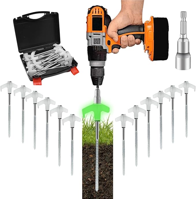20Pcs 8" Glow in Tent Pegs Ground Stakes Heavy Duty Drill in Style Ground Anchor Peg Tent Spikes Metal Yard Stakes for Camping Patio Garden Awning Canopy Canopies Grassland (Hex Tool and Carry Case)