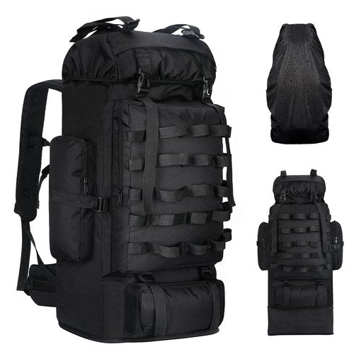 LibSkyln 70L/100L Camping Hiking Backpack with Rain Cover, Expandable Large Military Tactical Backpack, Waterproof Molle Racksack Travel Backpacking Daypack for Climbing Trekking (Black)
