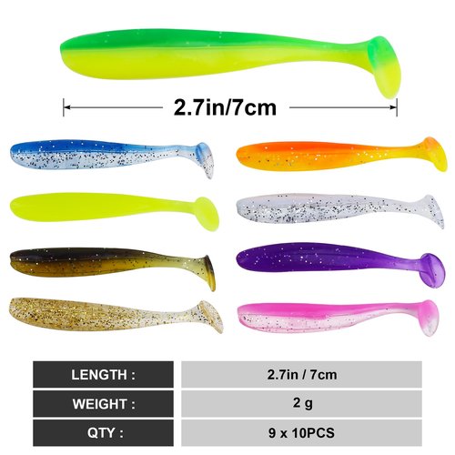 Soft Fishing Lures，90pcs Fishing Soft Plastic Lures and 5pcs Fishhook,Paddle Tail Swimbaits Soft Plastic Lures Kit for Bass Trout Walleye Crappie