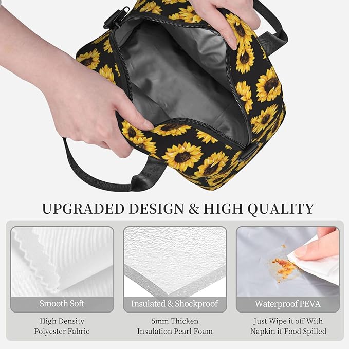 bassyil Classic Sunflower Lunch Box Reusable Insulated Totes Lunch Bag Thermal Cooler Adjustable Shoulder Strap Bag For Men Women
