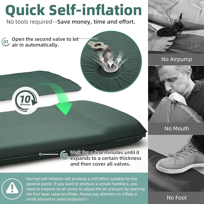 INVOKER 3.15" Self Inflating Camping Sleeping Pad, Ultra-Thick Elasticity Foam Fast Inflating 4-Season Insulated Durable Camping Mat Air Mattress with Pillow, for Tent, Car, Camping, Traveling, Green