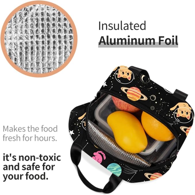 Imiss Space Galaxy Lunch Bag for Kids, Cats Cute Reusable Cooler Insulated Lunch Box Tote Bag for Work Picnic School Travel