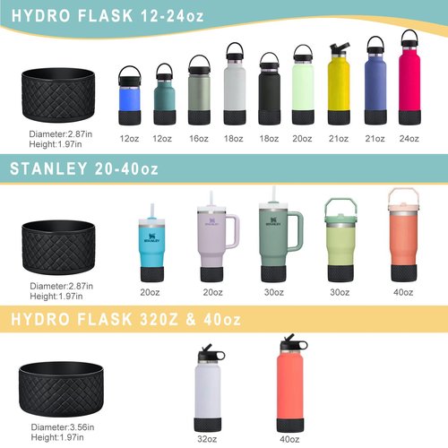Silicone Boot for Stanley Quencher 40 oz, Bottom Boot for IceFlow Flip 20 oz 30 oz, Sleeve Cover for Hydroflask 12-24 oz Sports Bottle Accessories (Fits Stanley 20-40oz Cup/Hydro 12-24oz, Black)