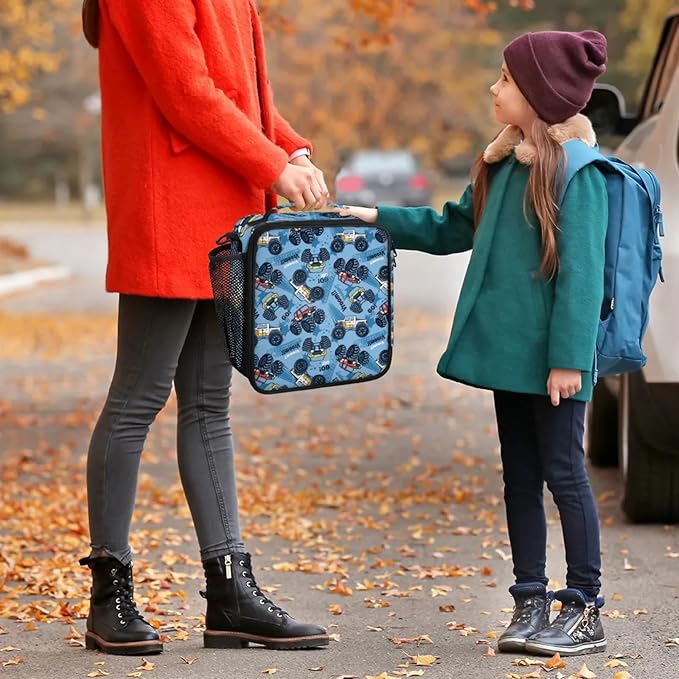 Blue Monster Truck Kid Lunch Bags with Shoulder Strap Insulated Lunch Boxes for Boy Girls Waterproof Thermal Cooler Tote Bag Portable Picnic Bag for School Work Outdoor Gifts