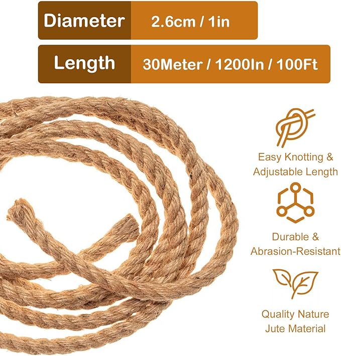 Thick Twisted Manila Ropes 1Inch×100ft Natural Jute Rope Heavy Duty Hemp Rope for Swing Bed, Crafts, Railing, Tug of War, Landscaping, Gardening, Bundling, Hammock, Home Decorating