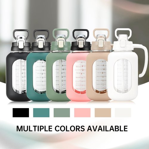 64 oz Glass Water Bottle with Straw and Handle Half Gallon Water Jug with Silicone Sleeve Large Water Bottle for Office, Gym, Outdoor Sports