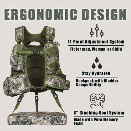 TREKMASTER Turkey Hunting Vest with Removable Seat Cushion, Lightweight & Adjustable Turkey Vest with Game Pouch, Camo Turkey Hunting Gear Accessories for Turkey Hunters (Mountain Camo)