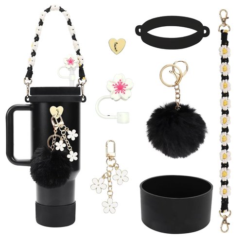 Stanley Accessories Set - 7 Pcs: Water Bottle Handle, Silicone Boot, Straw Cover, Charms for 40/30 oz Tumbler (Black)