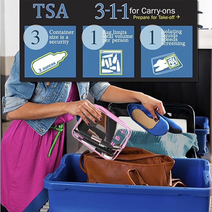 TSA Approved Clear Travel Toiletry Bag wih Zippers Carry-on Travel Accessories Quart Size Toiletries Cosmetic Pouch Makeup Bags for Men and Women (2pcs Pink)