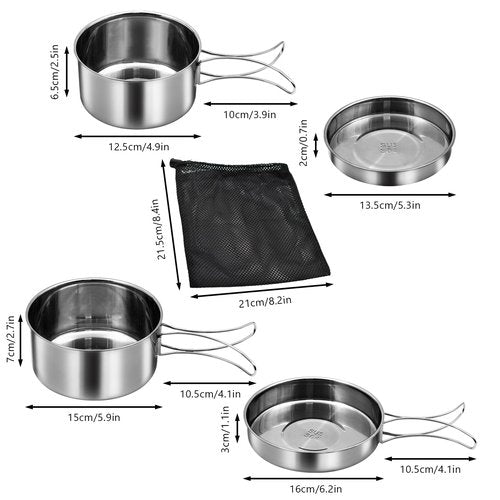 18/8 Stainless Steel Camping Cook Pot Set of 4 pcs, Camping Messware Kit, Camping Cooking Set, Backpacking Camping Cookware, Picnic Camping Cooking Mess Kit