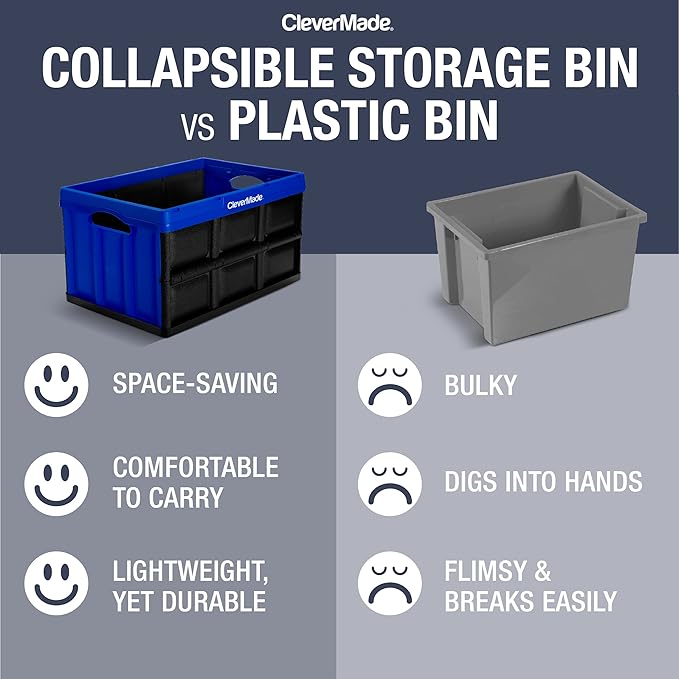CleverMade Collapsible Storage Bins - Royal Blue 3 Pack 62L - Stackable Containers Heavy Duty Capacity Folding Crates - Space-Saving for Home
