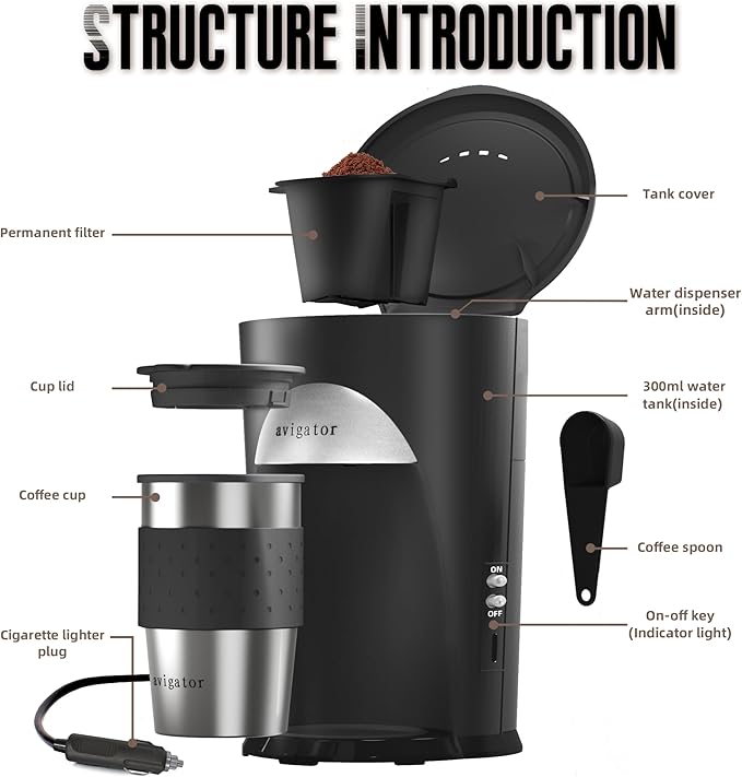 Portable Coffee Maker for Travel Camping Car, Ground Coffee Machine Single Serve with 10 oz Travel Mug for Traveling, RV, Office, Home and Dorm, 24V, Black