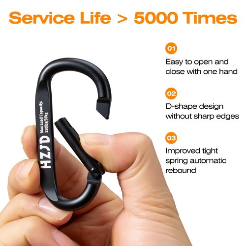 HZJD Carabiner Caribeaner Clip, 110lbs, 3" Aluminum Heavy Duty Black(2PCS)