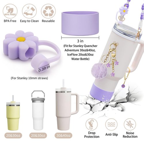 Stanley Cup Accessories with Handle Strap - Including Straw Topper, Water Bottle Strap, Silicone Stanley Boot, Cute Keychain Charms for Stanley 30oz 40oz Tumbler with Handle