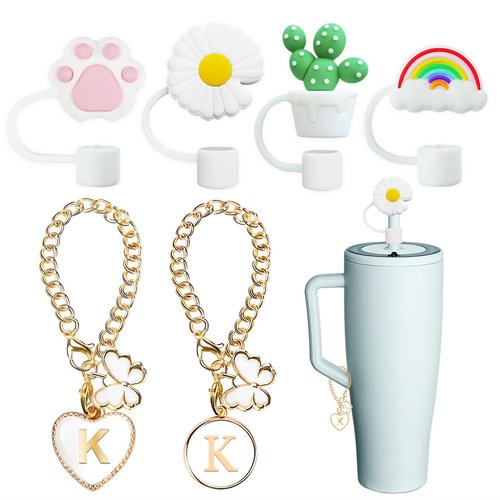 Compatible with Brumate Era Cup Accessories, 4PCS 12mm Cute Straw Cover Cap for Brumate Era Straw Toppers, 2PCS Butterfly Letter Charms for Brumate Cups 30&40 Oz with Handle(K)