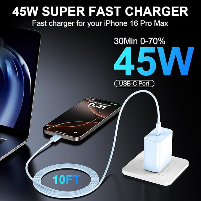 Phone 16 Pro Max Charger Fast Charging, 45W USB C Phone 16 Super Fast Charger Block with 10ft Long Type C Charging Cable Cord for Phone 16/16 Pro/16 Pro Max/16 Plus, 15/15 Pro Max/Pro/Plus-2pack Blue
