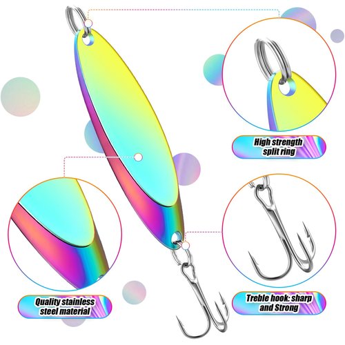 HESTYA 40 Pieces Fishing Lures Spoons Fishing Metal Saltwater Treble Trout Lures Hard Metal Spinner Baits 5 Sizes Casting Spoon Hooks for Salmon Bass in 1/5 1/4 3/8 1/2 3/4 oz (Holographic)