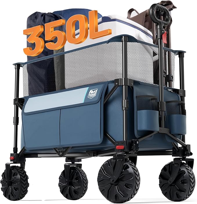 TIMBER RIDGE Foldable Wagon 350L Extendable Height, 300LBS Capasity Collapsible Wagon Cart with All Terrians Detachable Wheels, Compact Folding Utility for Camping, Fishing, Shopping (Blue)