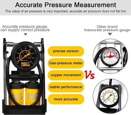 Double Cylinder Barrel Bike Foot Pump,160PSI Aluminum Body Floor Air Pump with Precisional Accurate Pressure Gauge Smart Valve Head for Presta Schrader & Deutschland Valve Bicycle Tire Pumps