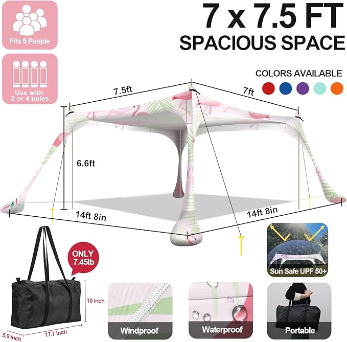 Buheco Beach Tent Pop Up Shade 7x7.5ft Beach Canopy Sun Shelter UPF50+ with 4 Foldable Poles-Portable Carrying Bag-Sand Shovel-Ground Pegs-Windproof Ropes for Outdoor Family Camping-Fishing- Picnic