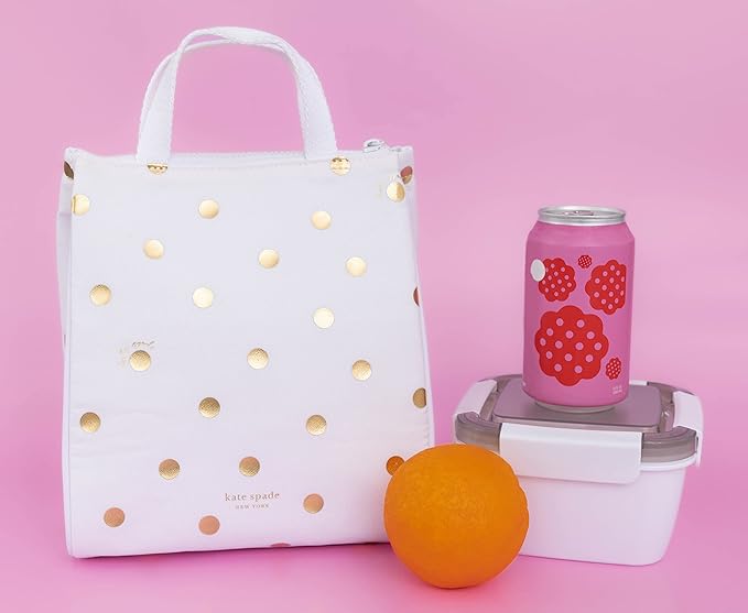 Kate Spade New York Portable Soft Cooler Lunch Bag, Thermal Tote with Silver Insulated Interior Lining and Storage Pocket, Gold Dot with Script