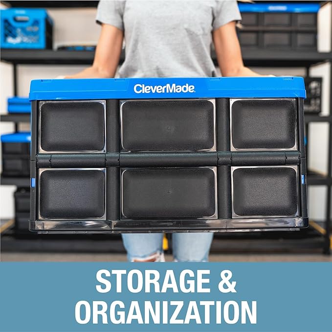 CleverMade Collapsible Storage Bins - Royal Blue 3 Pack 62L - Stackable Containers Heavy Duty Capacity Folding Crates - Space-Saving for Home