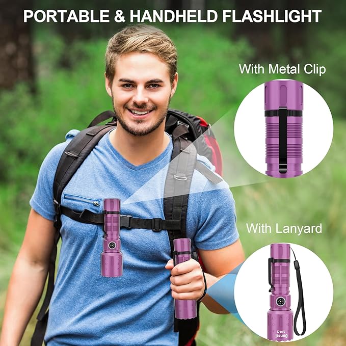 Flashlights High Lumens Rechargeable, 20000 Lumens Super Bright 1500 Meters Long Range Small Powerful Flashlight, 6 Modes LED Tactical Pocket Waterproof Flash Light for Camping (2, Black/Purple)