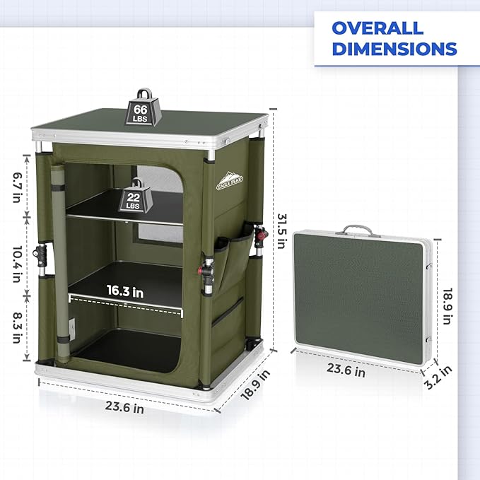 EAGLE PEAK Outdoor Folding Camping Table with Large 3-Tier Storage Organizer and Side Pockets, Easy Set Up Portable Aluminum Camping Kitchen, Green