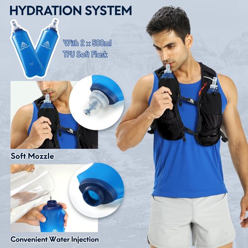 Haimont Running Hydration Vest with 2 TPU Soft Flasks, 5L Lightweight Runner Vest Pack for Women Men, Trail Running, M, Black