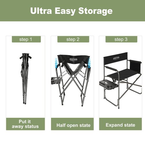 YOUNG WOOD Camping Directors Chair, Lightweight Oversized Portable Folding Chair with Side Table and Storage Pockets for Outdoor Camping, Lawn, Picnic and Fishing, Supports 400lbs (Black)