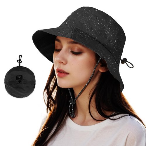 Waterproof Bucket Hat Women - UV Protection Rain Hats Ladies Packable Foldable Fishing Hat Outdoor Travel Hiking Black
